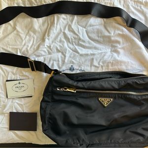 Prada Vela Nylon Sling Bag. Amazing condition. Black with gold hardware.